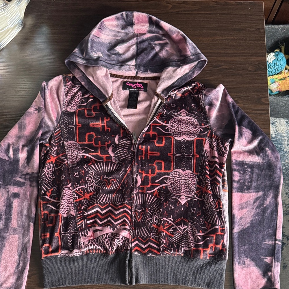Custo Barcelona Pink and Black Patterned Zip Hoodie
